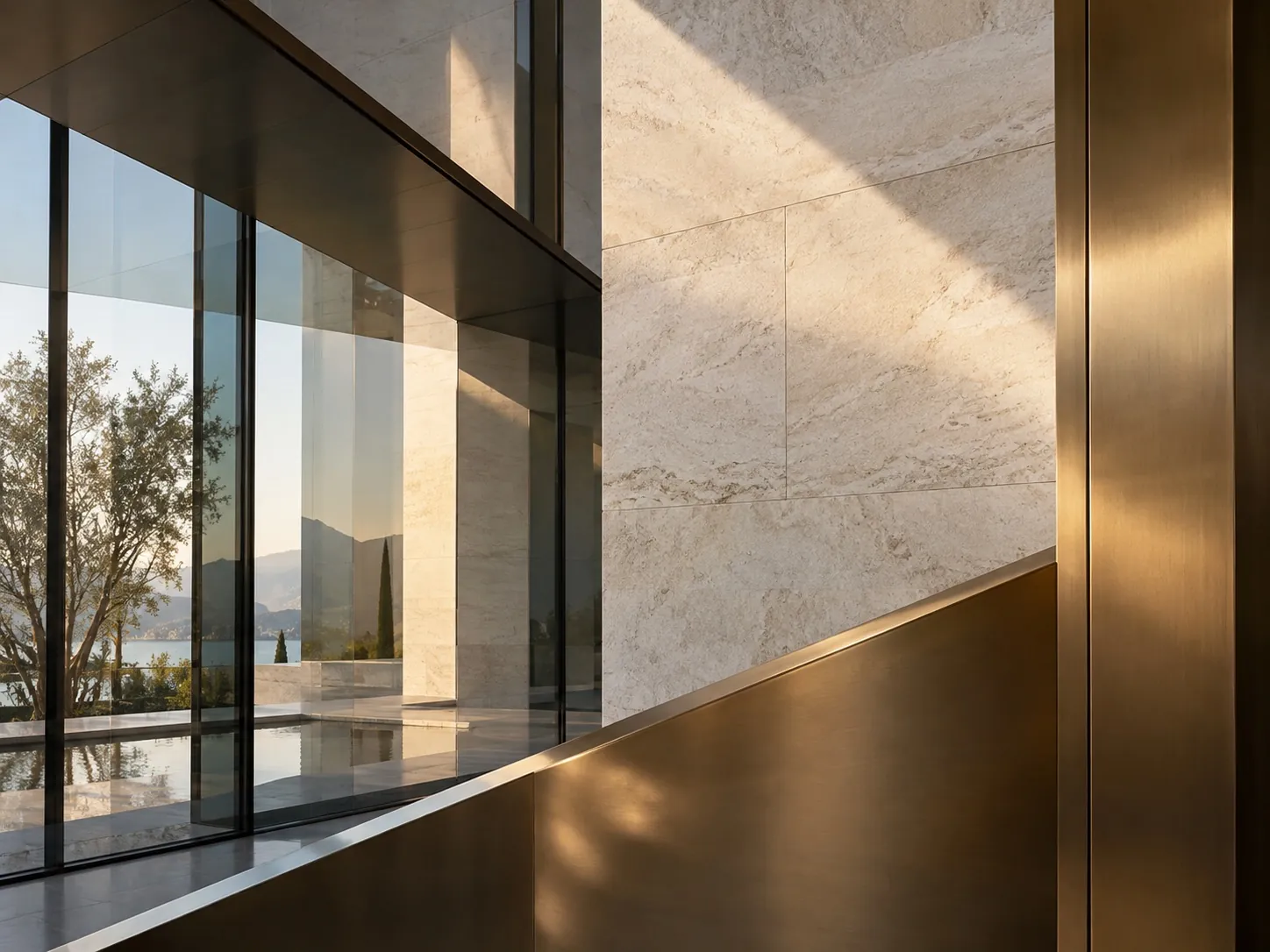 Architektonisches Detail aus Glas, Kalkstein und Bronze